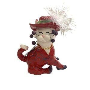 WhimsiClay Amy Lacombe Teresa Red Cat Figurine Dressed Up Fancy Hat Feathers